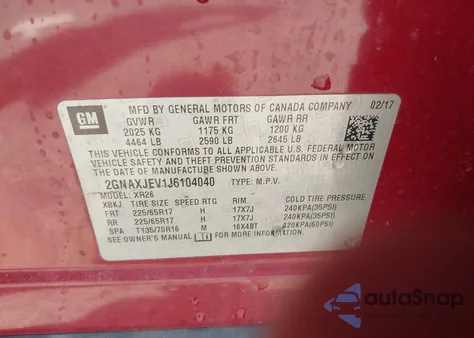 2018 Chevrolet Equinox Lt z USA, uszkodzony, nr VIN 2GNAXJEV1J6104040